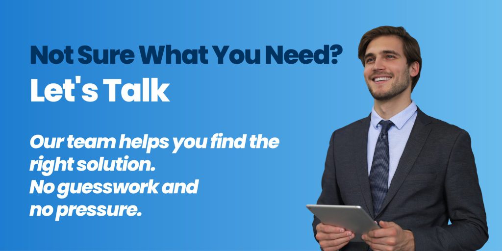 Smiling professional holding a tablet beside text encouraging consultation, promoting Integrated Security Systems solutions with no pressure and expert guidance.